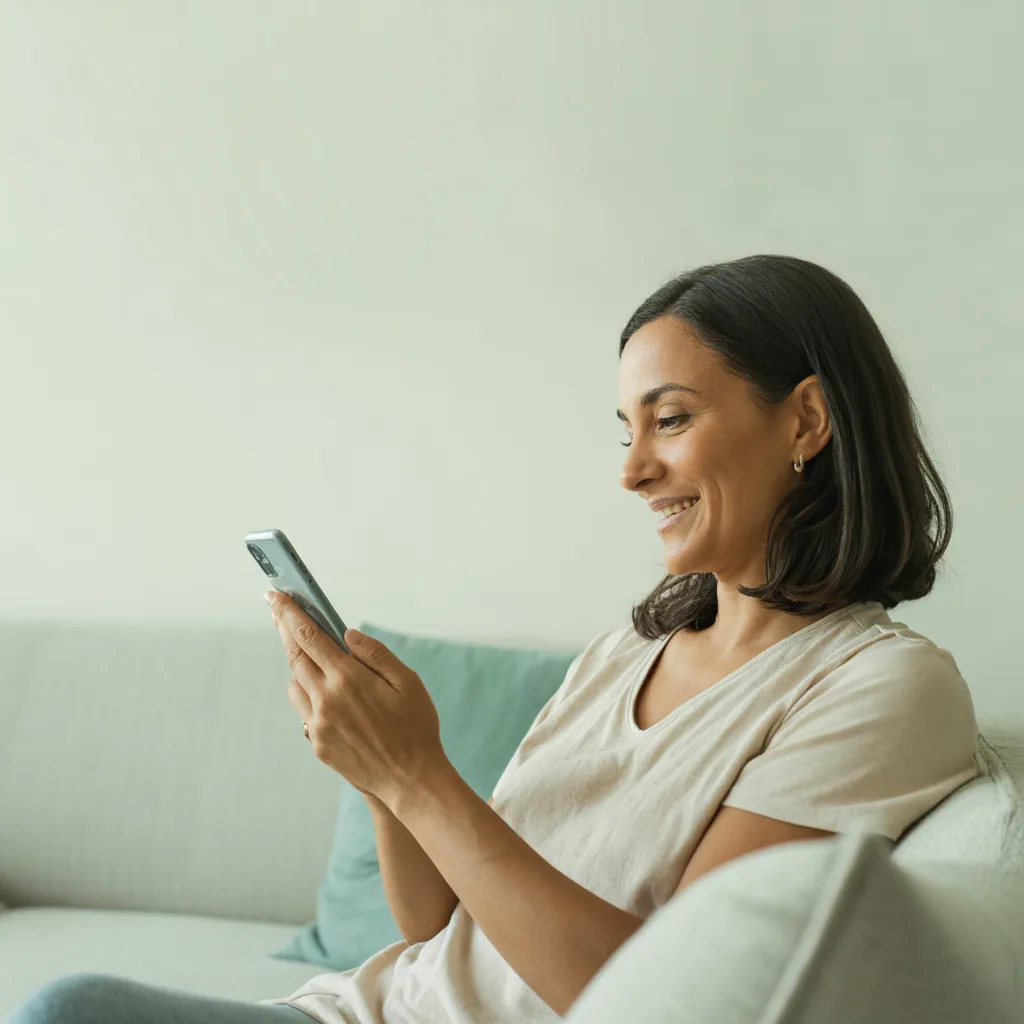 Paciente em casa, no sofá, falando com a clínica pelo celular